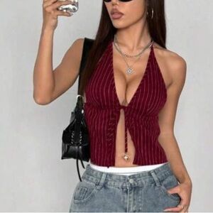 SHEIN Burgundy Striped Halter Camisole
